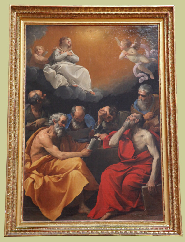 Painting in the Hermitage in Saint Petersburg in Russia by Guido Reni depicting Fathers of the Church discussing the Dogma of the Immaculate Conception.